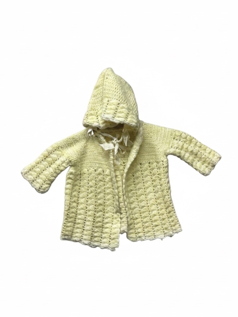 Vintage Hand knitted infant cardigan with matching bonnet yellow 0-3 months